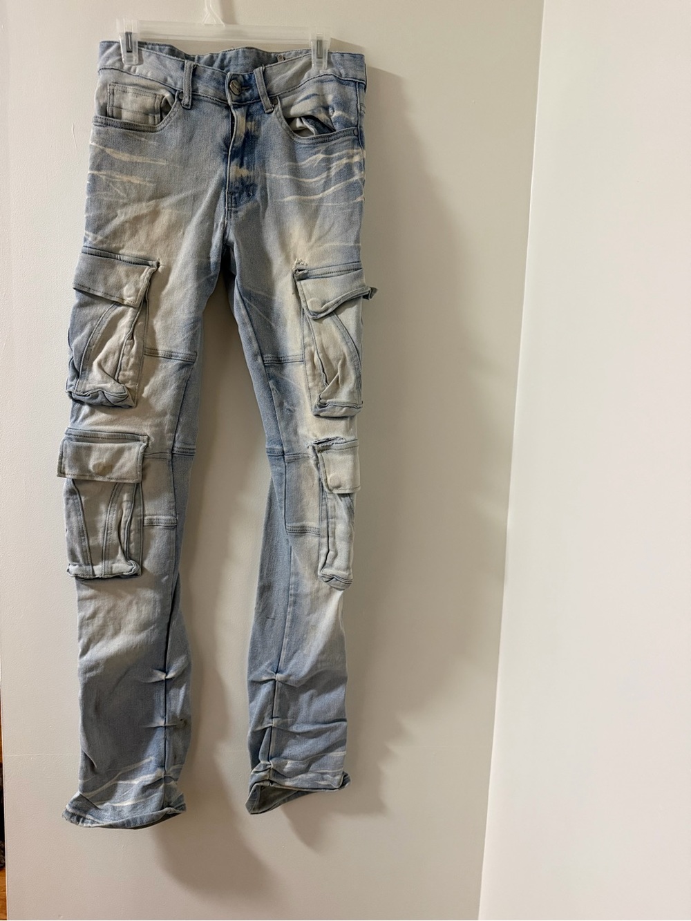Smoke Rise Skinny Cargo Jeans Mens 30 Light Blue Excellent Faded Streetwear